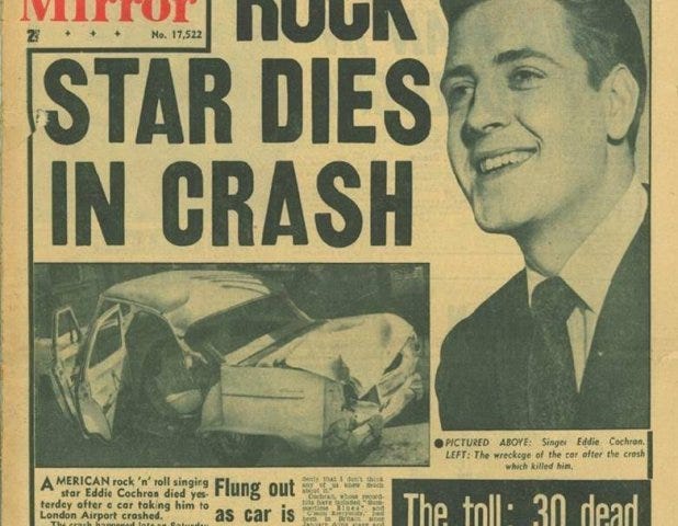 The Daily Mirror reports on the tragic death of Eddie Cochran following the final date of the UK change that changed music history