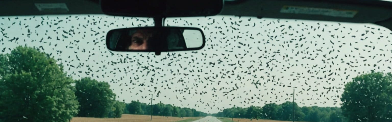 Dead bugs cover the windshield of a car on the highway, by Amy Potter using NightCafe AI.