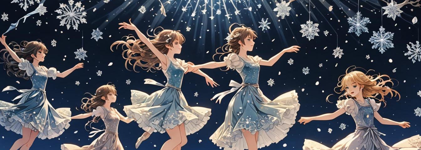 5 anime girls dancing amid snowflakes