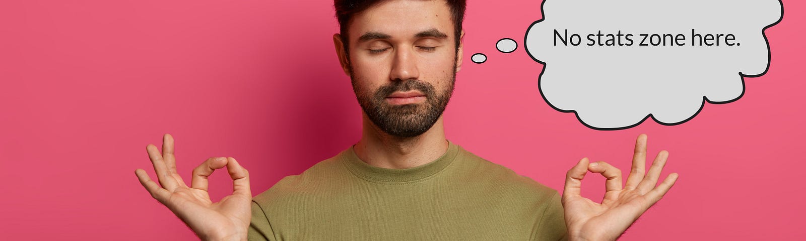 relieved bearded young man relaxes during meditation, keeps eyes closed, spreads palms sideways.
