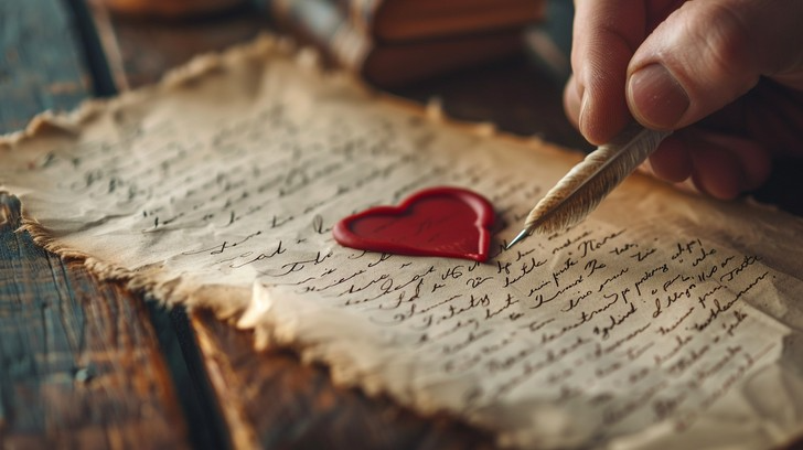 In the warm glow of the room, a story of affection is being scripted onto a piece of weathered parchment. A hand, steady and deliberate, guides a quill pen as it dances across the page, inscribing sentiments and confessions. Beside the script, a small red heart rests, symbolizing the love and passion inked in every word. The antique ambiance is palpable, reminiscent of a time when such letters were the bearers of distant hearts’ whispers.