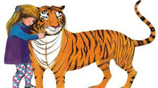 The cover illustration of The Tiger Who Came to Tea, shows a colourful drawing of small girl in a purple dress and blue shirt, hugging a brightly orange coloured tiger.