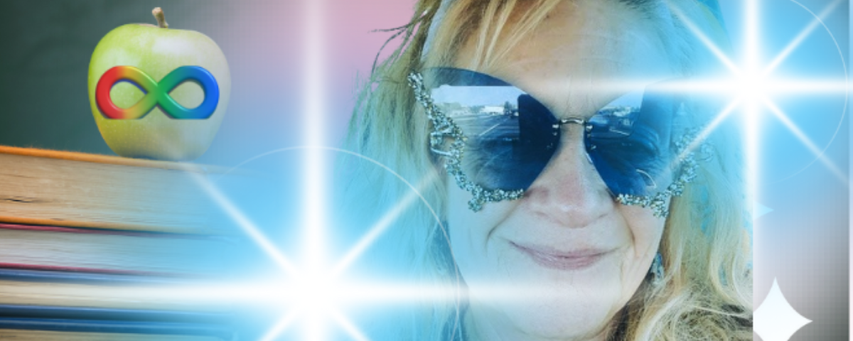 Image created by the author using a selfie with butterfly sunglasses surrounded by white and blue stars, a stack of books, and an apple with the autism infinity symbol