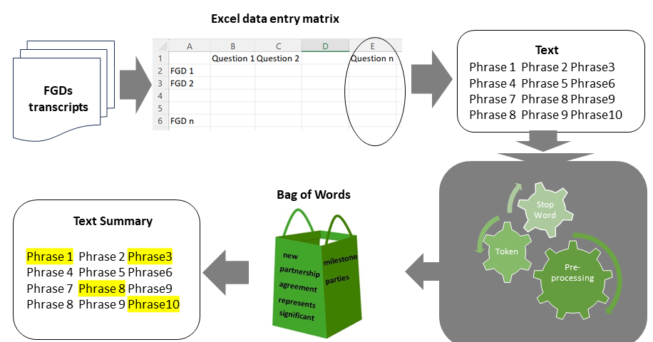 Graphic showing the paper-based and NLP hybrid approach process, featuring five steps: FGDs transcripts, Excel data entry matrix, text, frequency-based NLP algorithm, bag of words, and text summary.