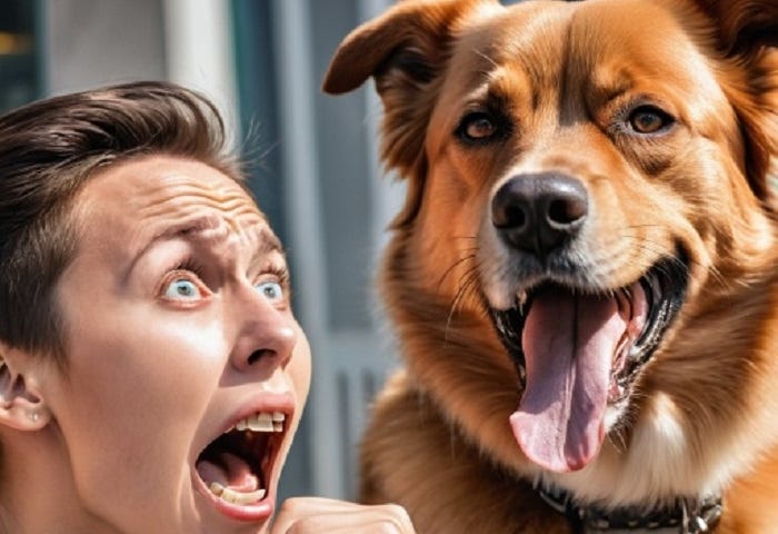 A man looking at a dog