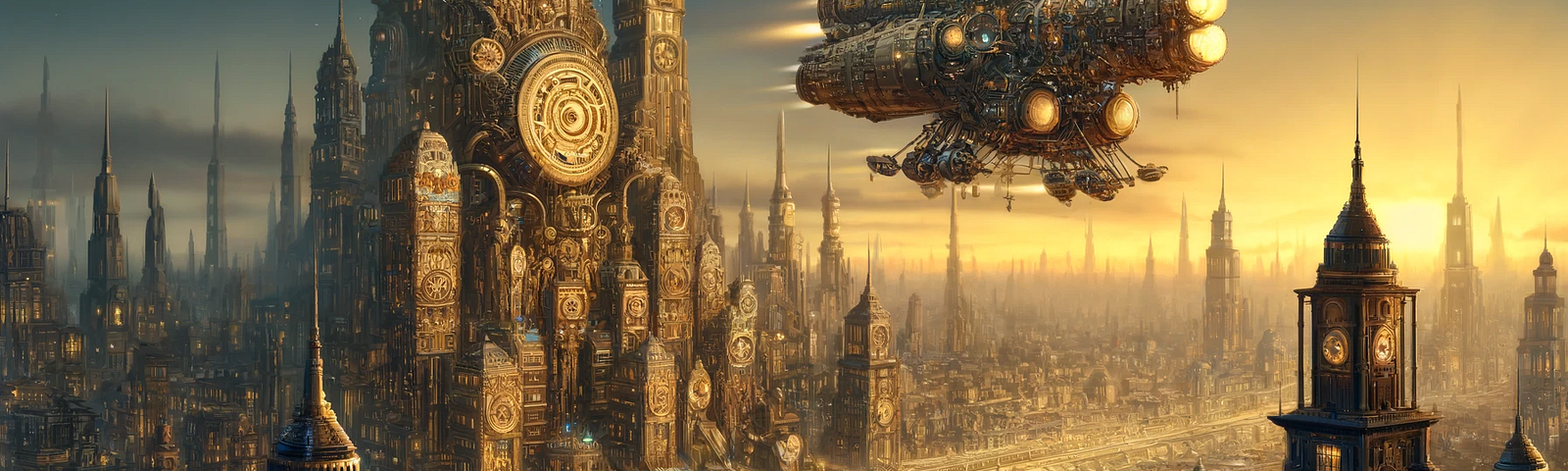 A hjovercraft flies over a futuristic steampunk cityscape.