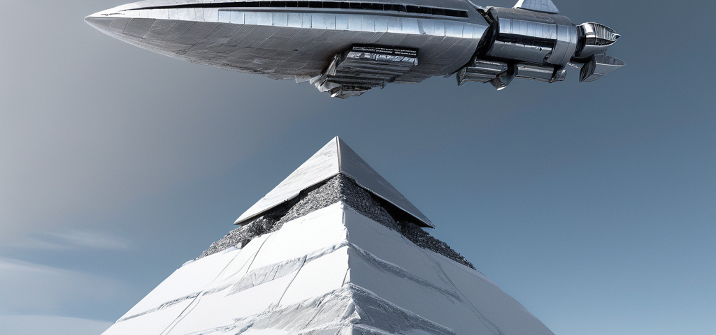 A large silver spaceship above a frozen pyramid in Antarctica.