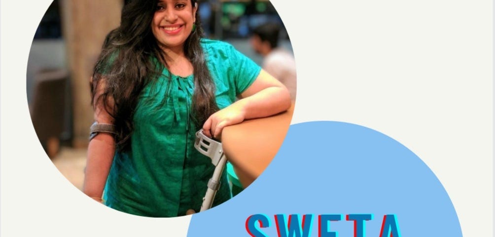 This is a poster about the piece with a photo of Sweta Matrii, who is dressed in green, holding crutches while leaning a wooden table and looking at the camera, smiling, with her name diagonally below that. The name of the piece — The choice to choose is written at the top right corner. On the left bottom is the word Dislang written in stylized formatting.