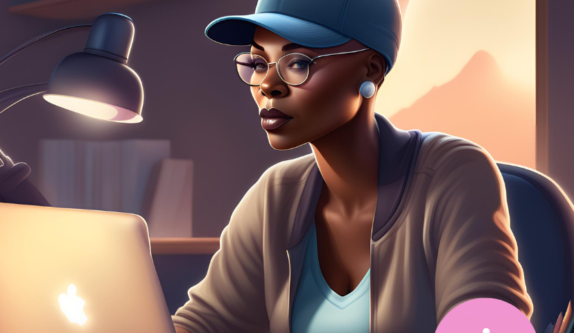 An attractive, middle-aged African American woman wearing a baseball cap sits at her desk in front of her laptop.