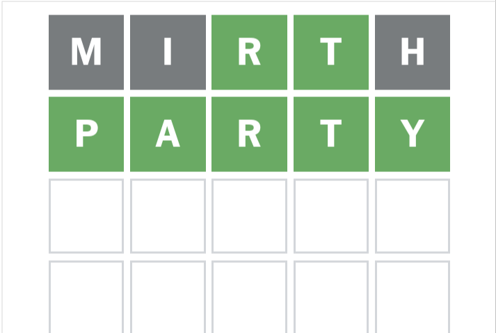 A Wordle solved in two guesses: Mirth, Party