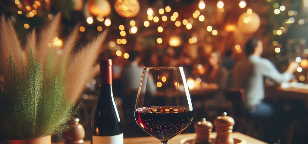 a glass of red wine on a restaurant table,