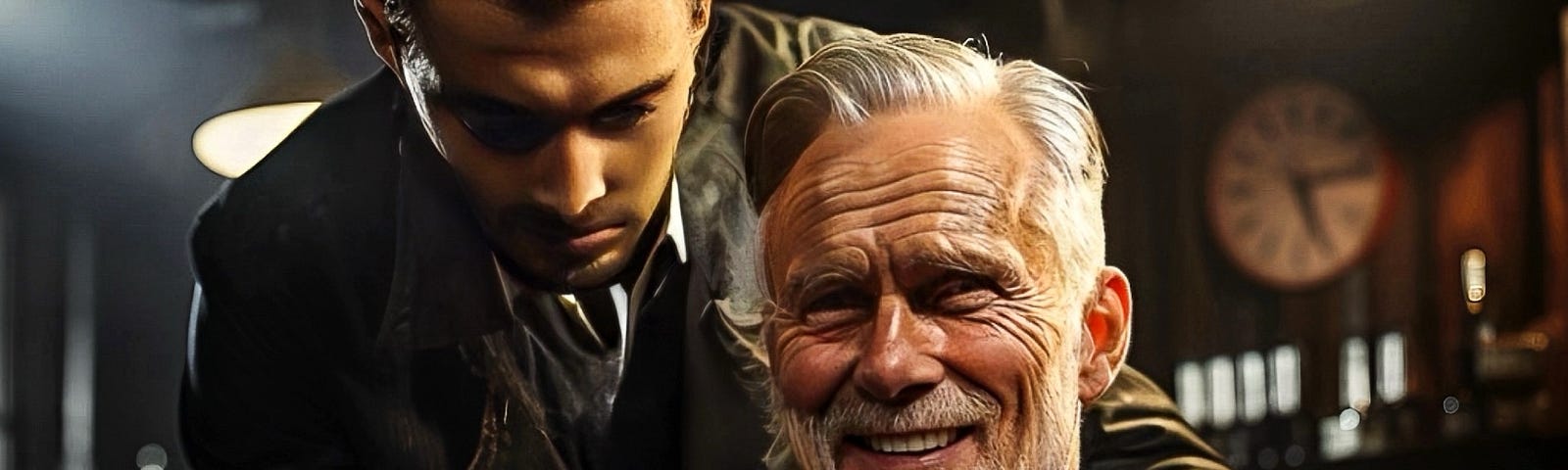 An intense moment in a barbershop captured in a cinematic photograph, where a barber, with a focused expression, holds a razor to the throat of a smiling older man discussing football, unaware of the profound internal struggle of his barber.