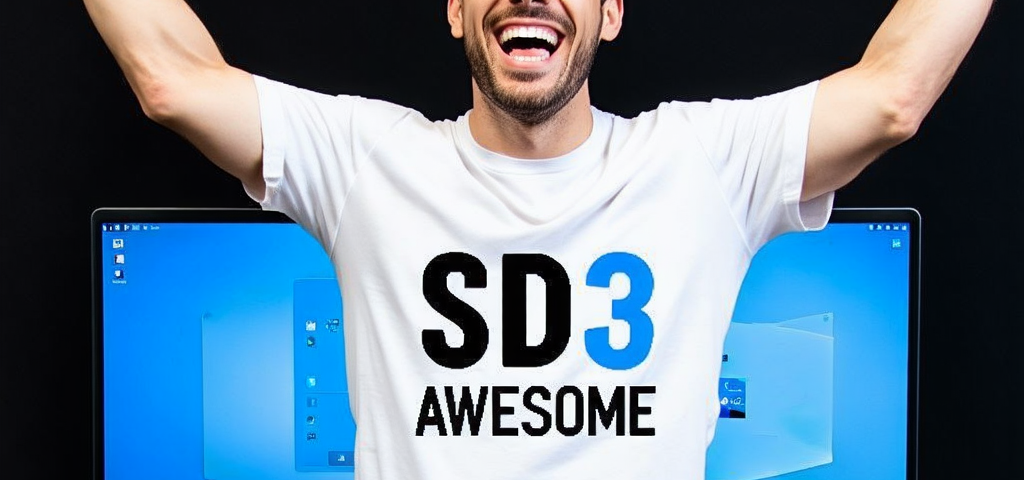 Prompt: Visualize a man beaming with joy, his arms raised in triumph, celebrating the successful local installation of Stable Diffusion 3 Medium. He’s wearing a T-shirt with the bold and eye-catching text ‘SD3 Awesome’ emblazoned across the front, capturing the excitement of achieving a significant personal tech milestone. The background should reflect a home office or tech setup environment, indicating the place of accomplishment
