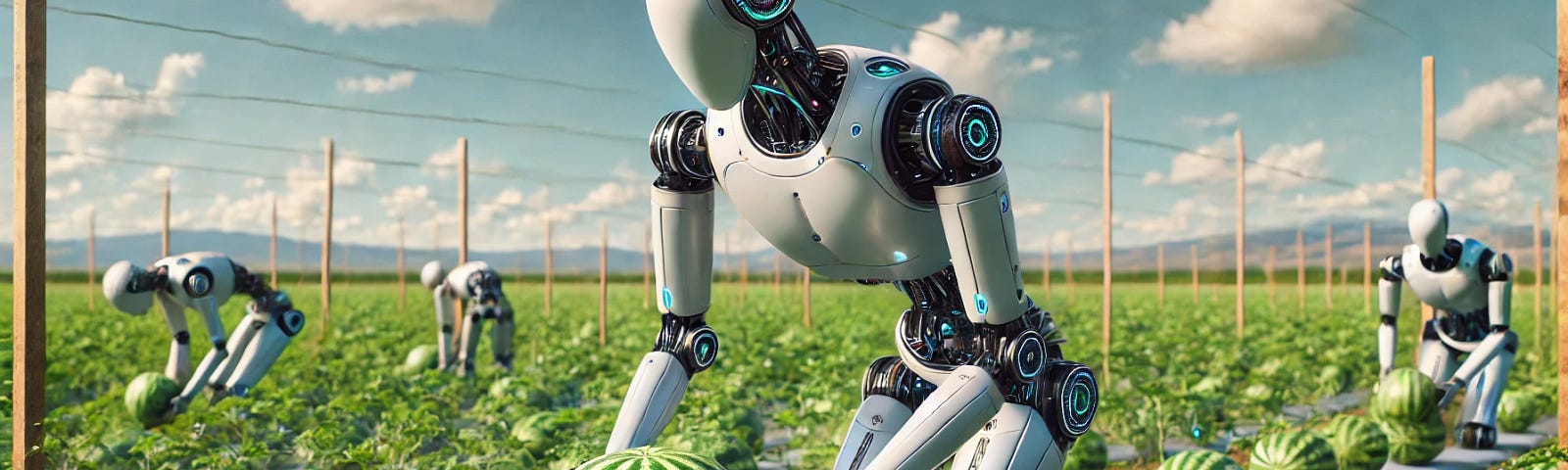 A humanoid robot bending to lift a heavy watermelon in a field. The harvest scene conveys the idea that humanoids can relieve humans of physically demanding work.