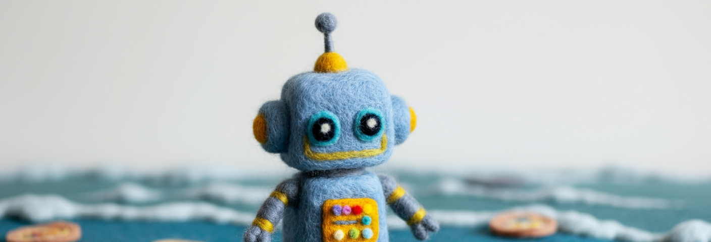 A felt toy robot counting tokens