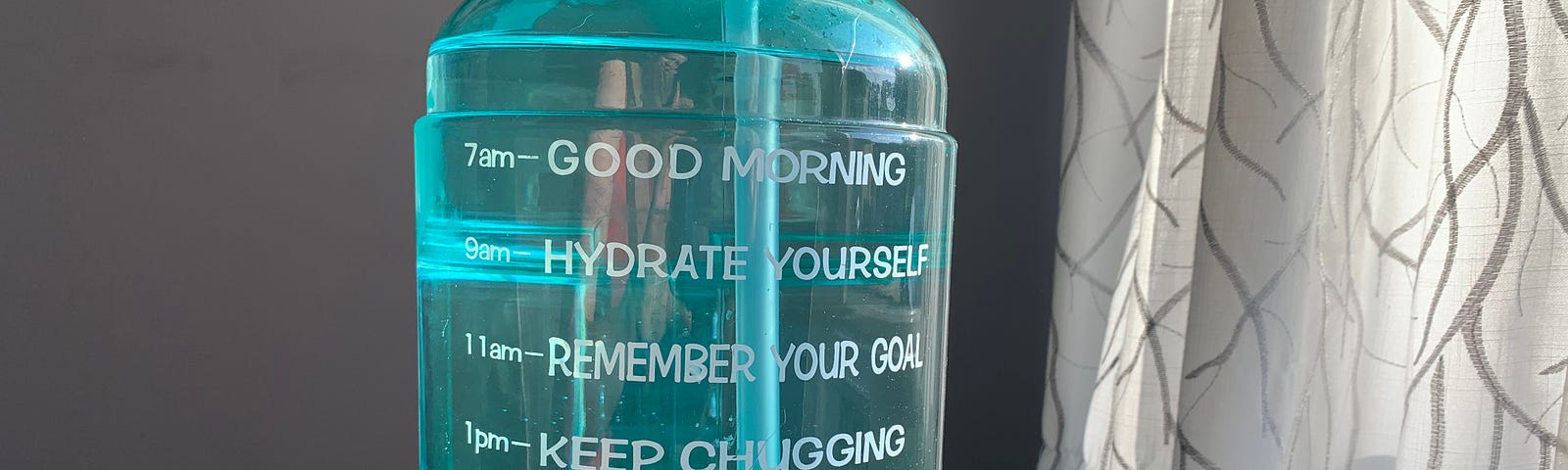 Photo of very large green water bottle with motivational phrases on the side