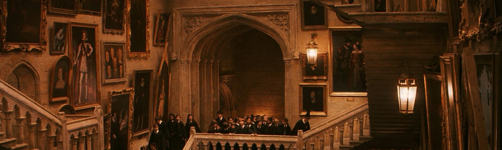 The setting of Hogwarts School of Witchcraft and Wizardry with its moving staircases.