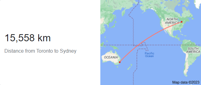 A Map of Toronto to Sydney showing the distance of 15,558 kms