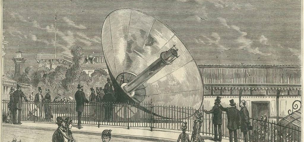 The first parabolic solar collector on display at the 1878 Paris World Expo.