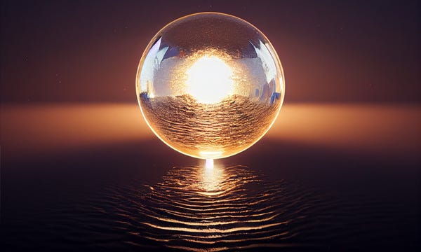 A glass ball hovering over water.