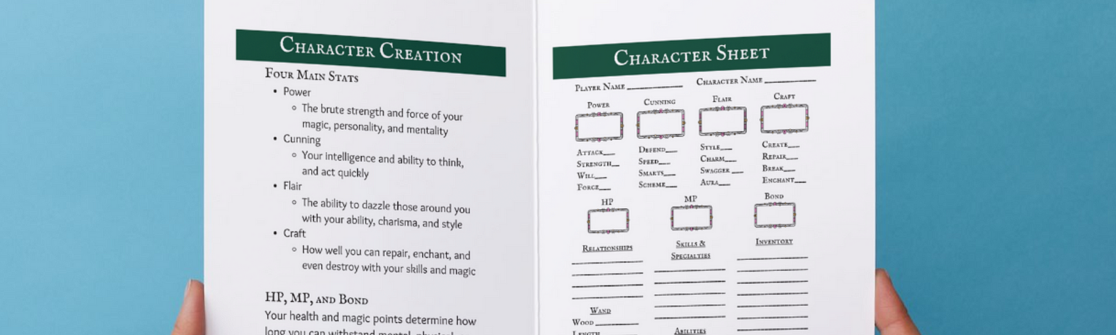 A mockup of the character creation and sheet pages that will be featured in the Wandlore TTRPG