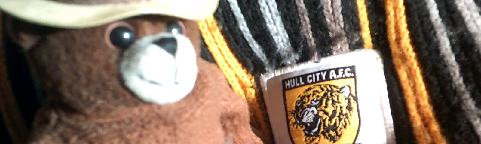 Image of soft toy Smokey Bear sat on Hull City football club scarf depicting a Tigers on a shield in black and amber colours with a a logo ‘The Tigers’.