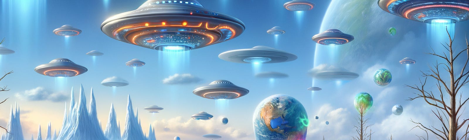 a landscape with flying saucers, ufos, androids and humans