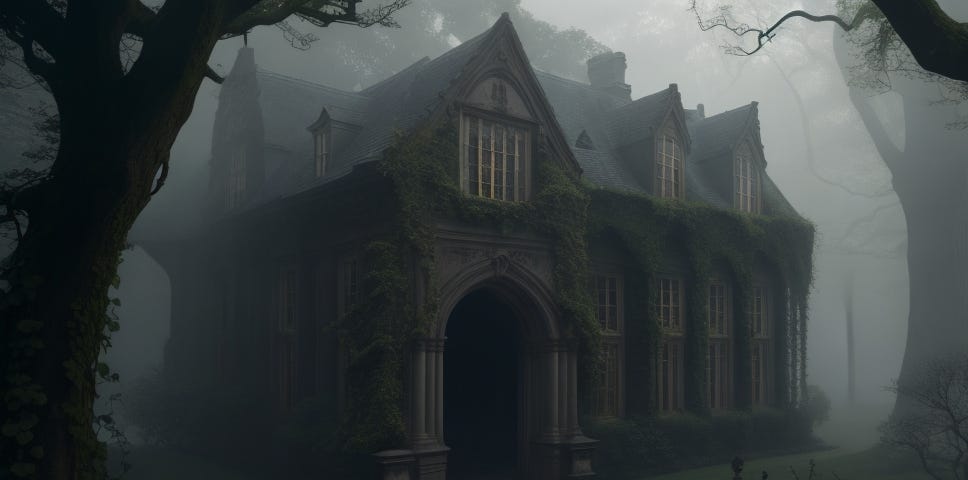 A grand, ancient stone mansion covered in ivy, with dark, hollow windows.