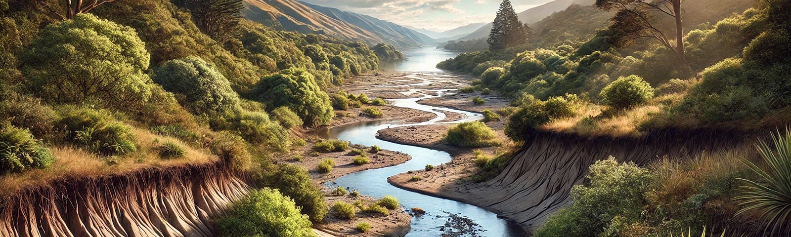 A picturesque river landscape with a mix of flowing and dry stream beds. The foreground features a dry gully surrounded by lush green vegetation, while the background shows a larger river flowing steadily. The scene illustrates the contrast between ephemeral and perennial streams, with clear blue skies, a few clouds, and distant mountains in the background.