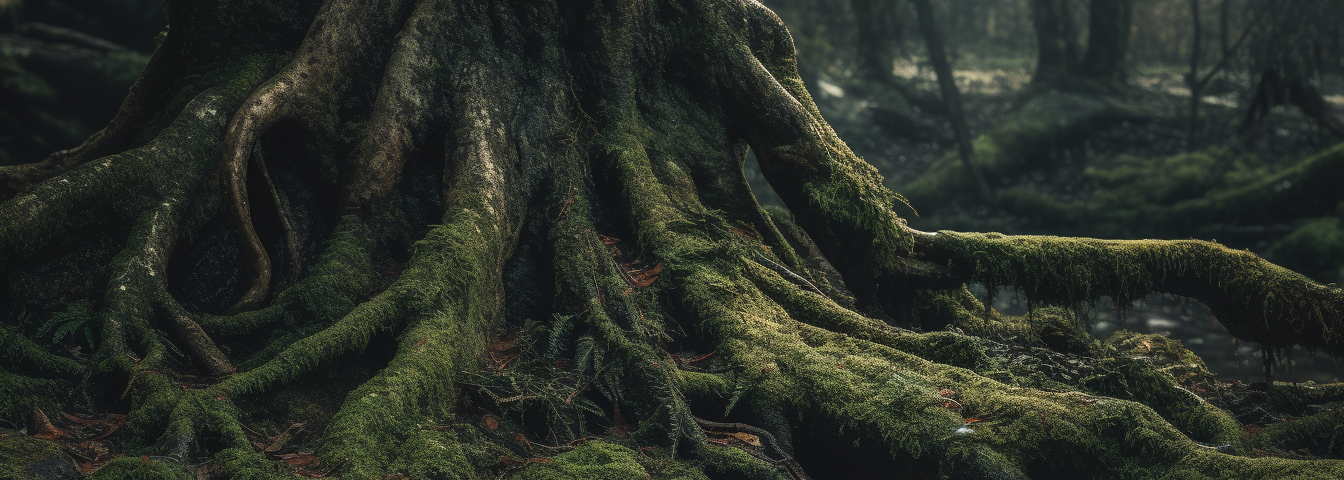 Mossy roots of an ancient tree.