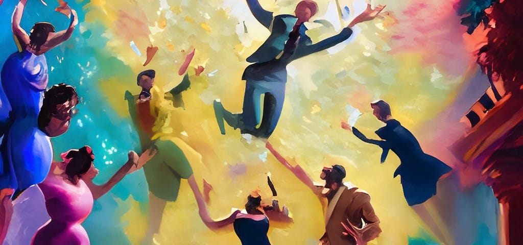 An impressionist picture of a group of professional people flying around in a cloud of money on top of a pile of gold.