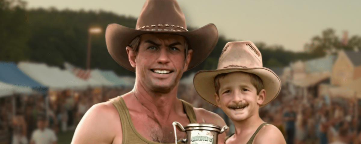 father and son wearing cowboy hats, holding a trophy