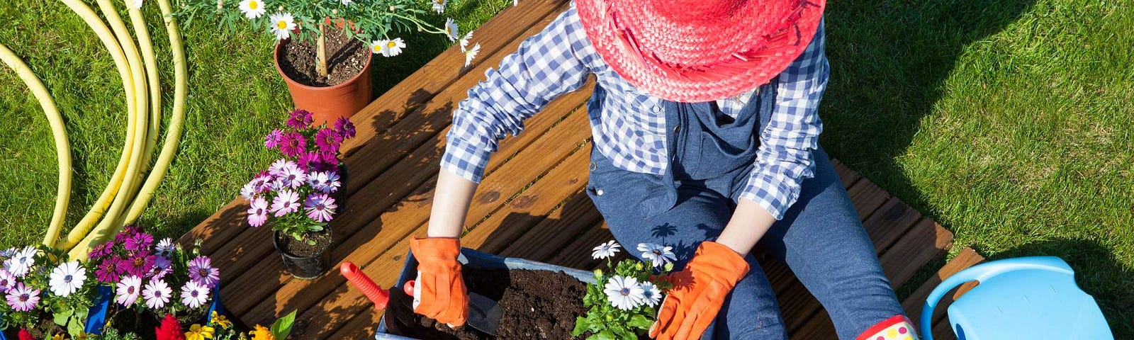 Photo of woman dressed in gardening clothes, seated and working the soil of planted flowers.
