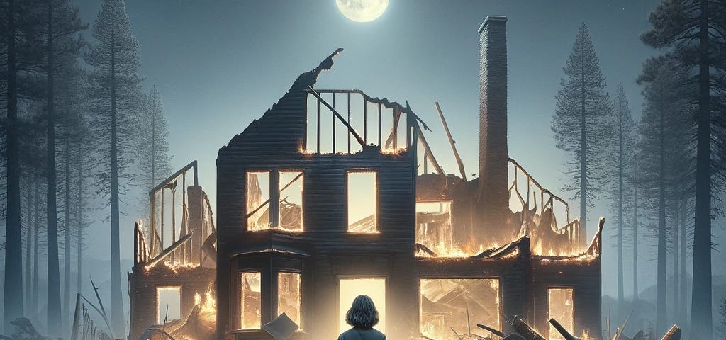 Family lost their home in fire. Looking on under the moon.