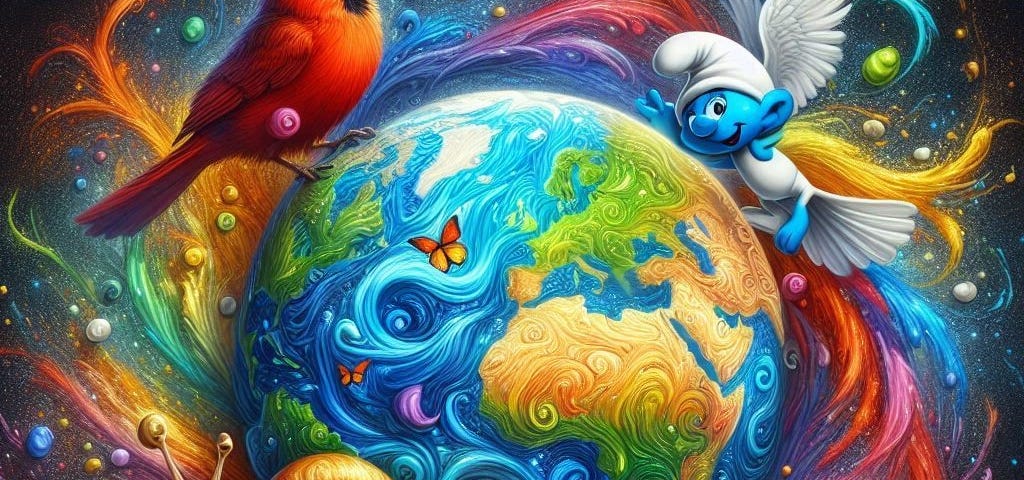 Planet earth encompassing a brightly colored smurf, brown and yellow snail, and cardinal amid color swirls