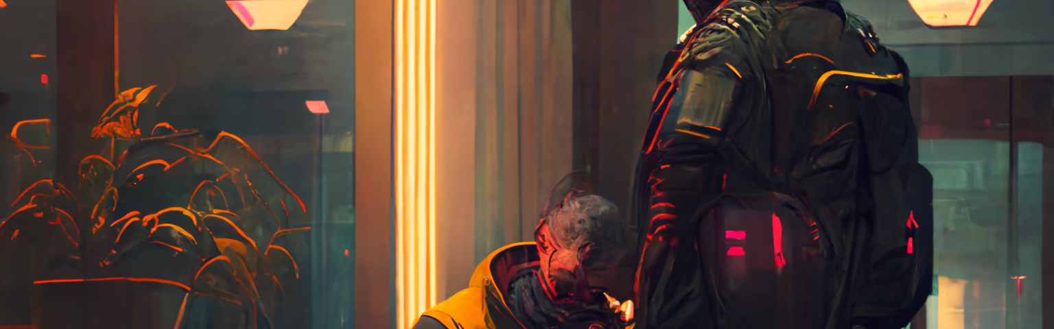 someone holding a wounded man at a hotel reception, cyberpunk style