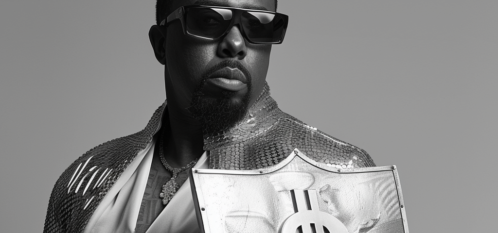 p diddy holding a shield with a money sign on it