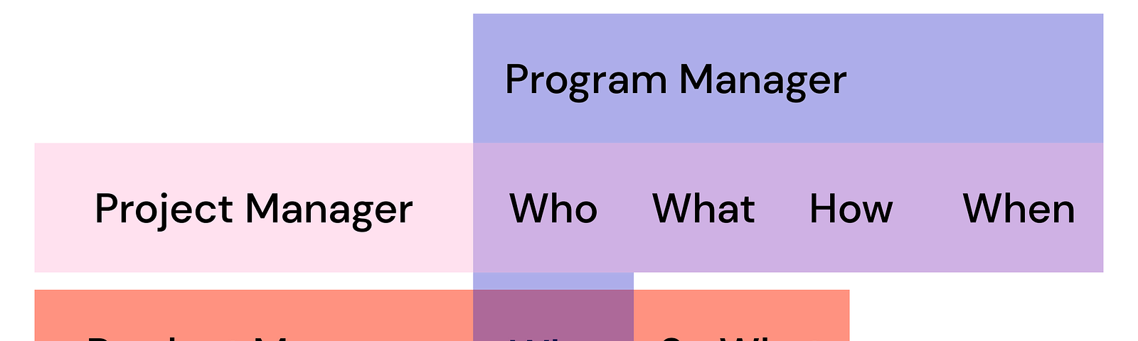 A Venn Diagram showing which questions program, product, and project managers in their work.