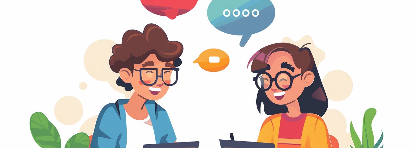 an ai-generated illustration of a nerdy man and woman chatting online