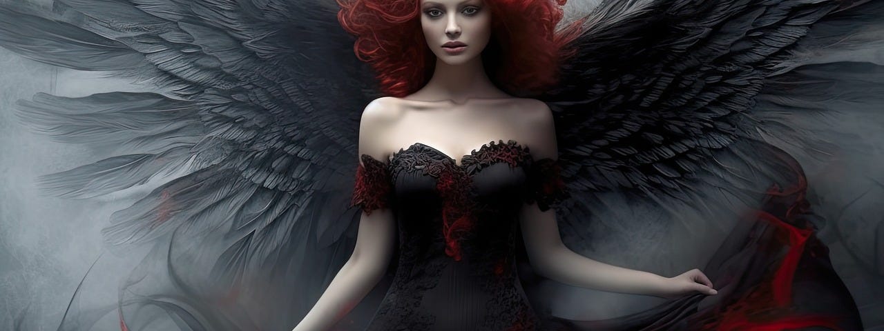 A dark Angel with the blackest of wongs and reddish of hair.