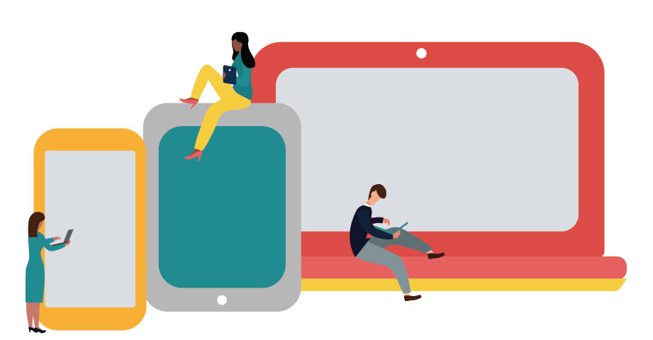 Illustration of three learners with mobile devices and oversized mobile devices in the background.