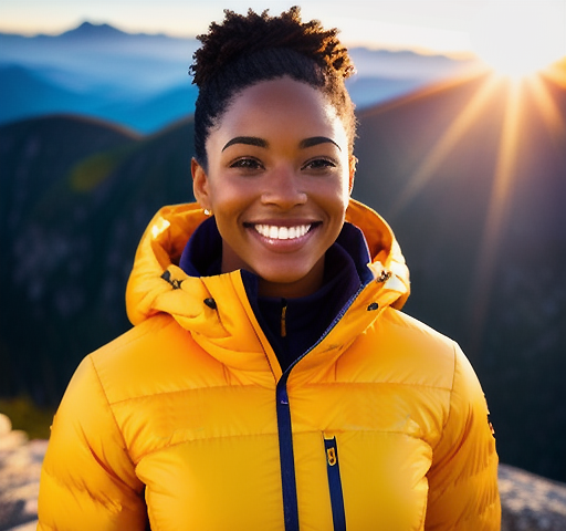 A young woman smiling proudly atop a mountain with the sun at her back.