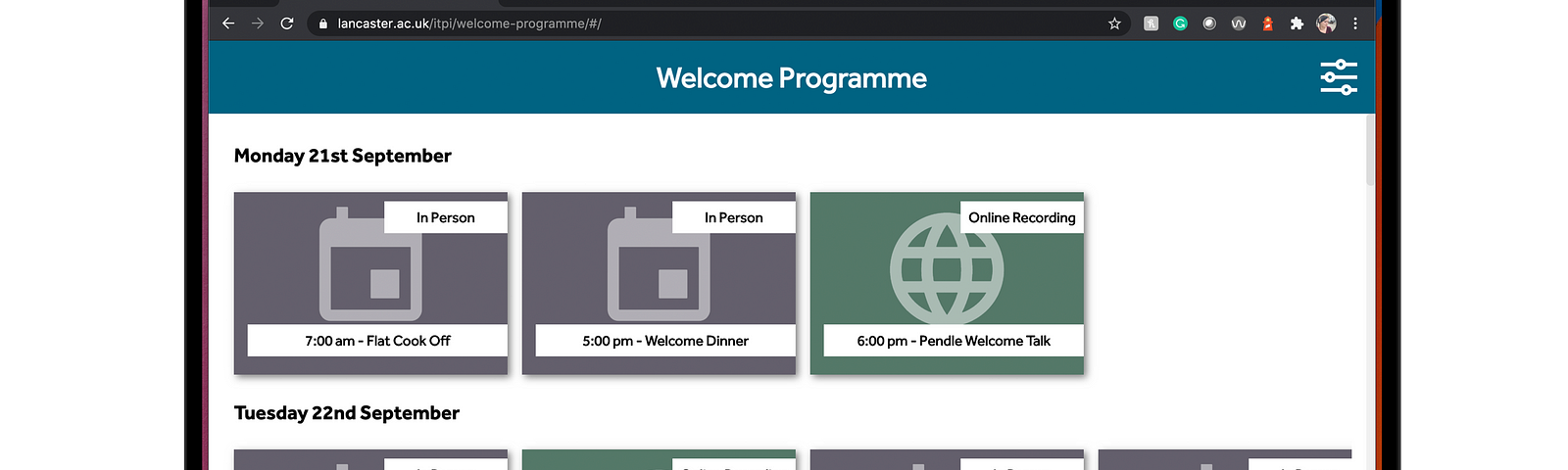 A welcome week schedule in a browser, with a colourful desktop, displayed on a MacBook.