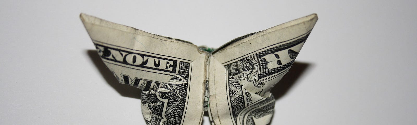 A dollar bill folded like a butterfly