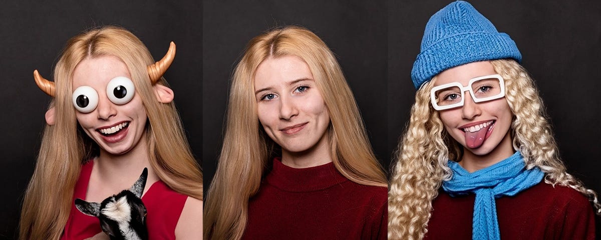 Three identical headshots of a women. Two of the headshots have Artificial Intelligence design augmentations using Adobe Firefly.