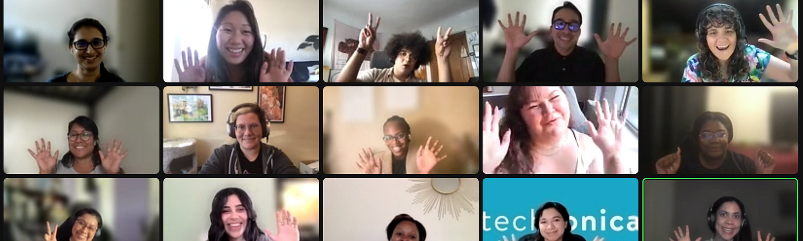 A grid of six rows of people (Techtonica staff, cohort members, graduates, and board members) cheering in a Zoom meeting