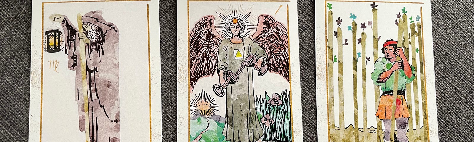 3 Tarot cards laid out from left to right: Hermit, Temperance, Nine of Wands. The illustrations are based on traditional Tarot card design, but recreated in watercolor.