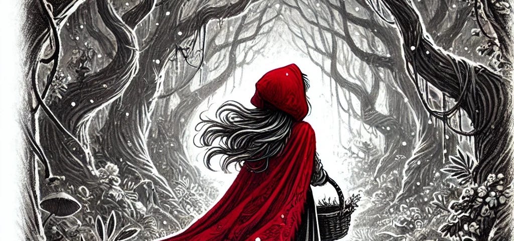 A black and white illustration of Little Red Riding Hood walking through an enchanted forest with a vivid blood-red cloak.