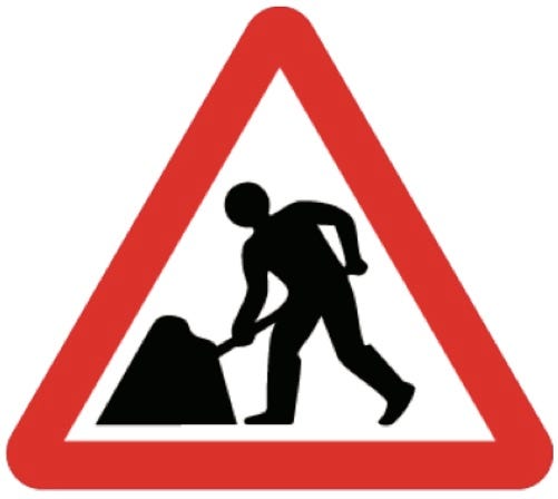 photo of ‘men at work’ sign, illustration of man digging