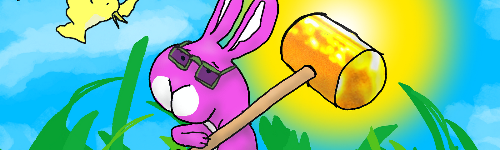 A cartoon of a purple bunny holding a golden mallet on its shoulder. He is standing in a sunny field of green grass and is surrounded by three yellow birds. And, yes, I reworked the drawing from my ‘Rubber Mallet’ poem the other day, so sue me. Art by Doodleslice 2024.